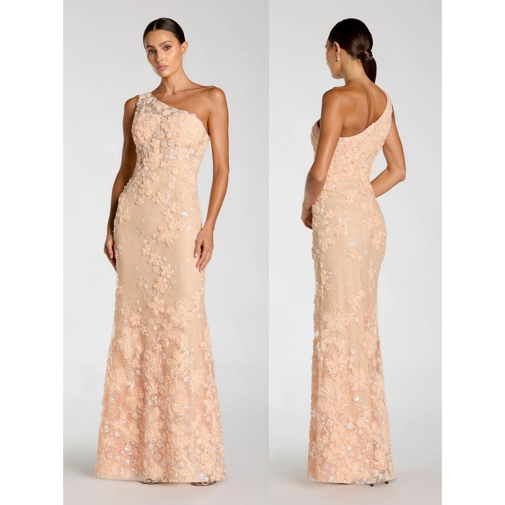 Mac Duggal Peach One Shoulder Floral Applique Sequin Gown $598 - Size 6